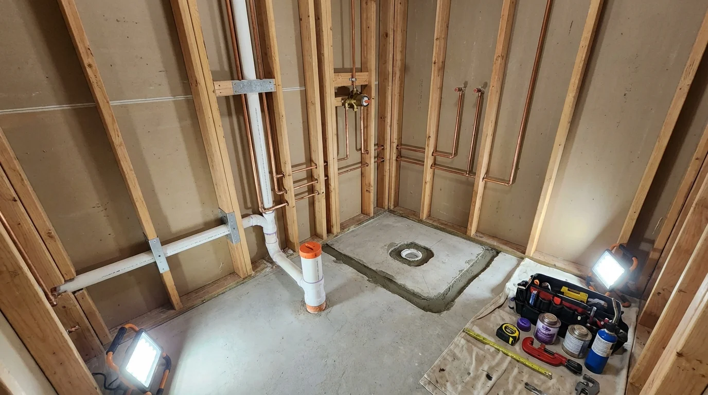 Bathroom rough-in plumbing during remodel by Johns Plumbing LLC in Dierks
