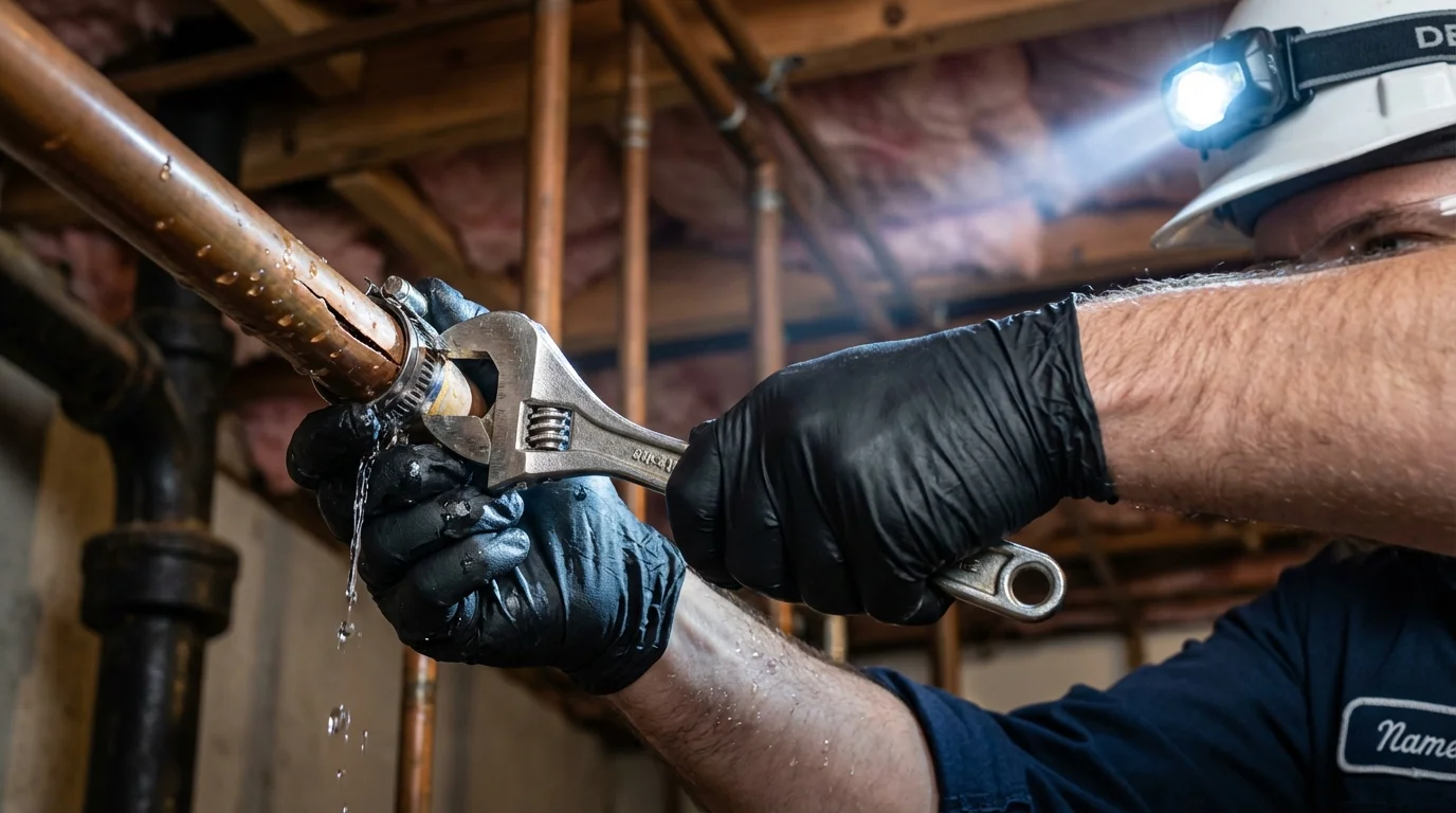 Emergency pipe clamp repair being performed by a Johns Plumbing LLC plumber in Dierks