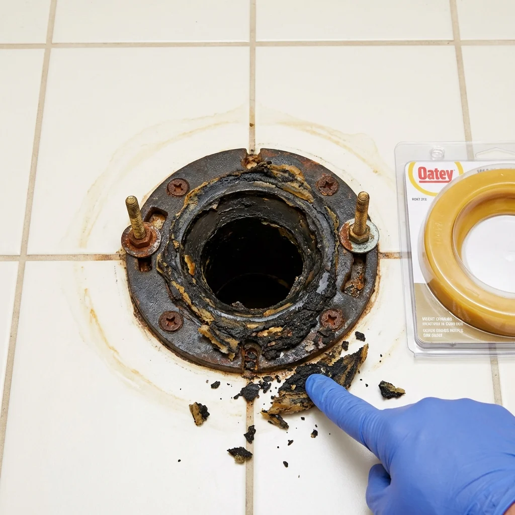 Failed wax ring showing water seepage at the base of a toilet in a Dierks, AR home