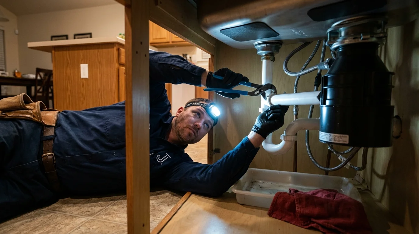 P-trap and supply line connections under a kitchen sink showing a common leak point in Dierks, AR